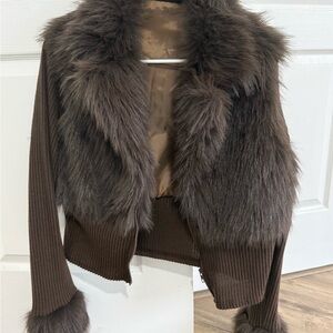 Plush Faux Fur Trim Brown Knit Bomber